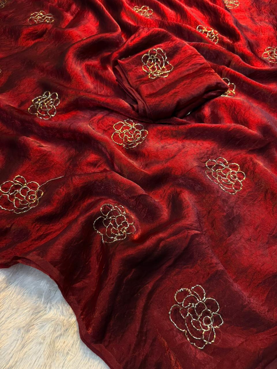 Premium Rose Two-Tone Space Silk Saree with Handwork Beads