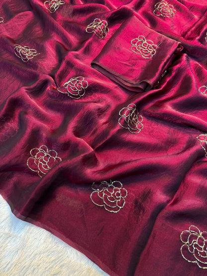 Premium Rose Two-Tone Space Silk Saree with Handwork Beads