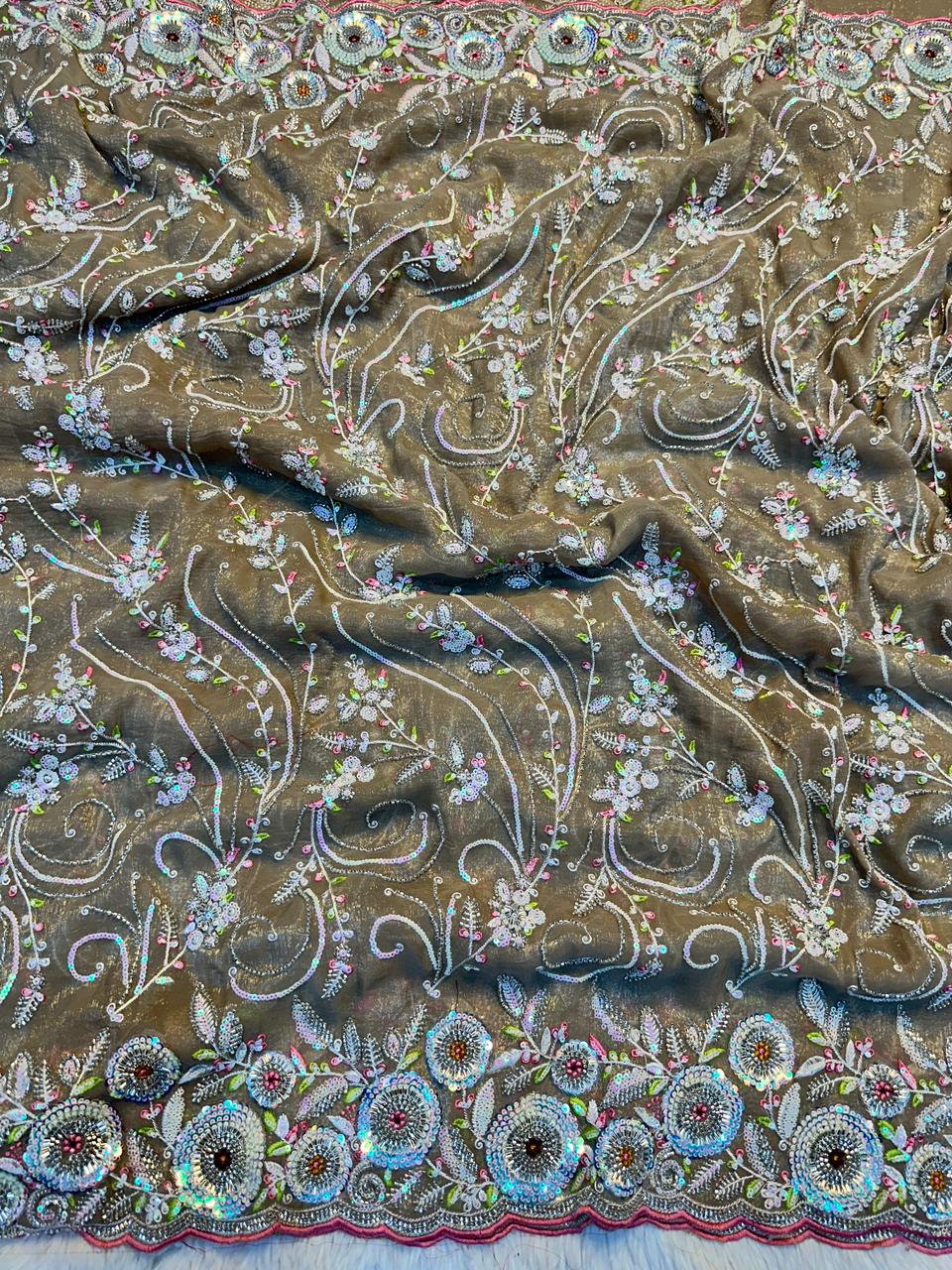 Designer Crushy Saree with Heavy Embroidered Blouse & Scalloped Borders