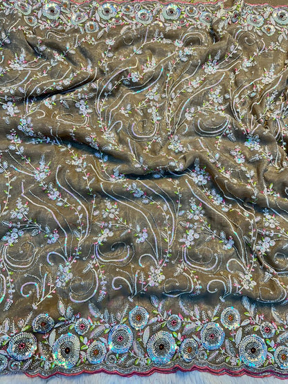 Designer Crushy Saree with Heavy Embroidered Blouse & Scalloped Borders