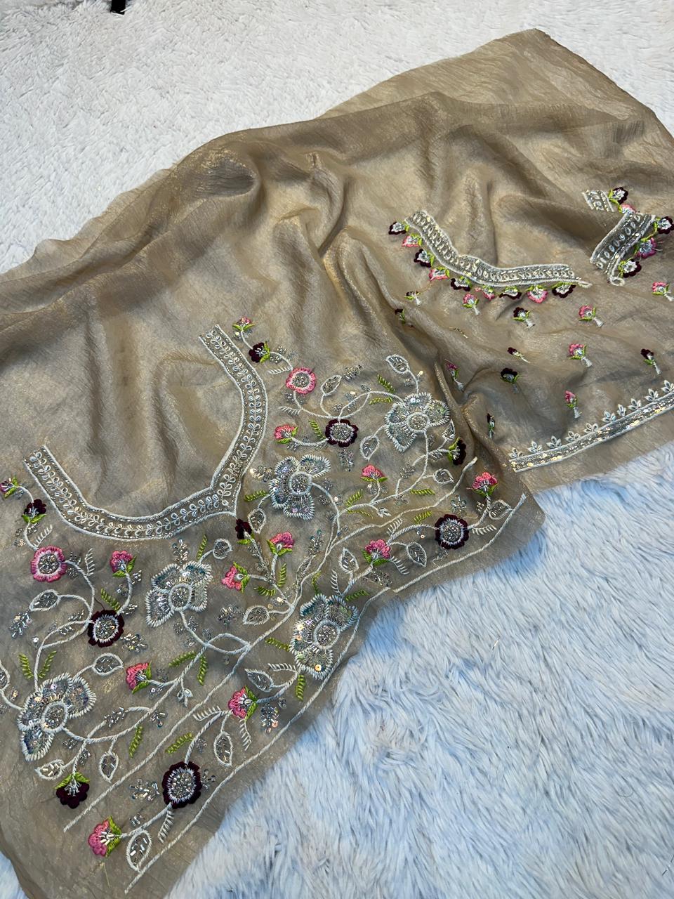 Designer Crushy Saree with Heavy Embroidered Blouse & Scalloped Borders