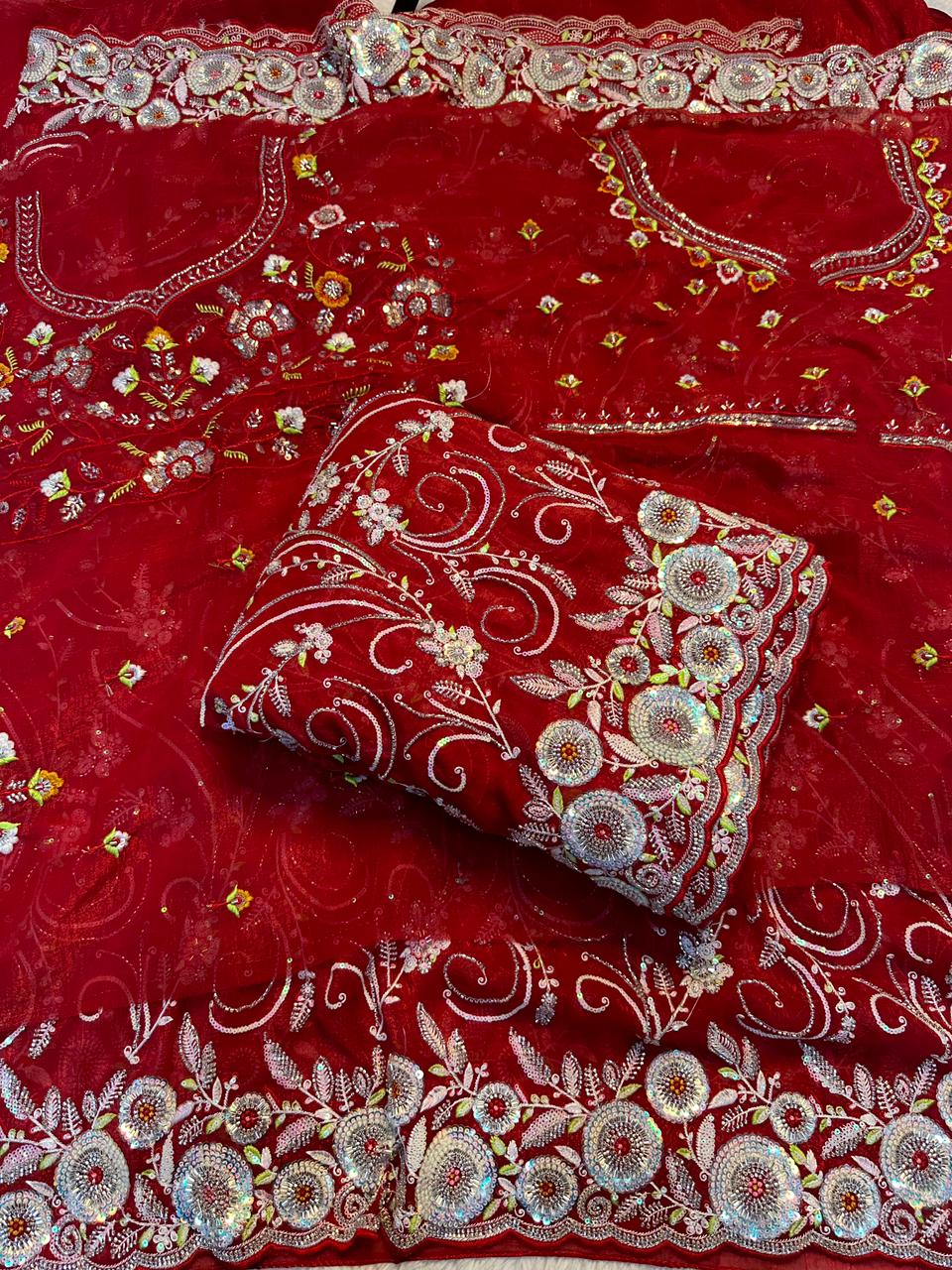 Designer Crushy Saree with Heavy Embroidered Blouse & Scalloped Borders