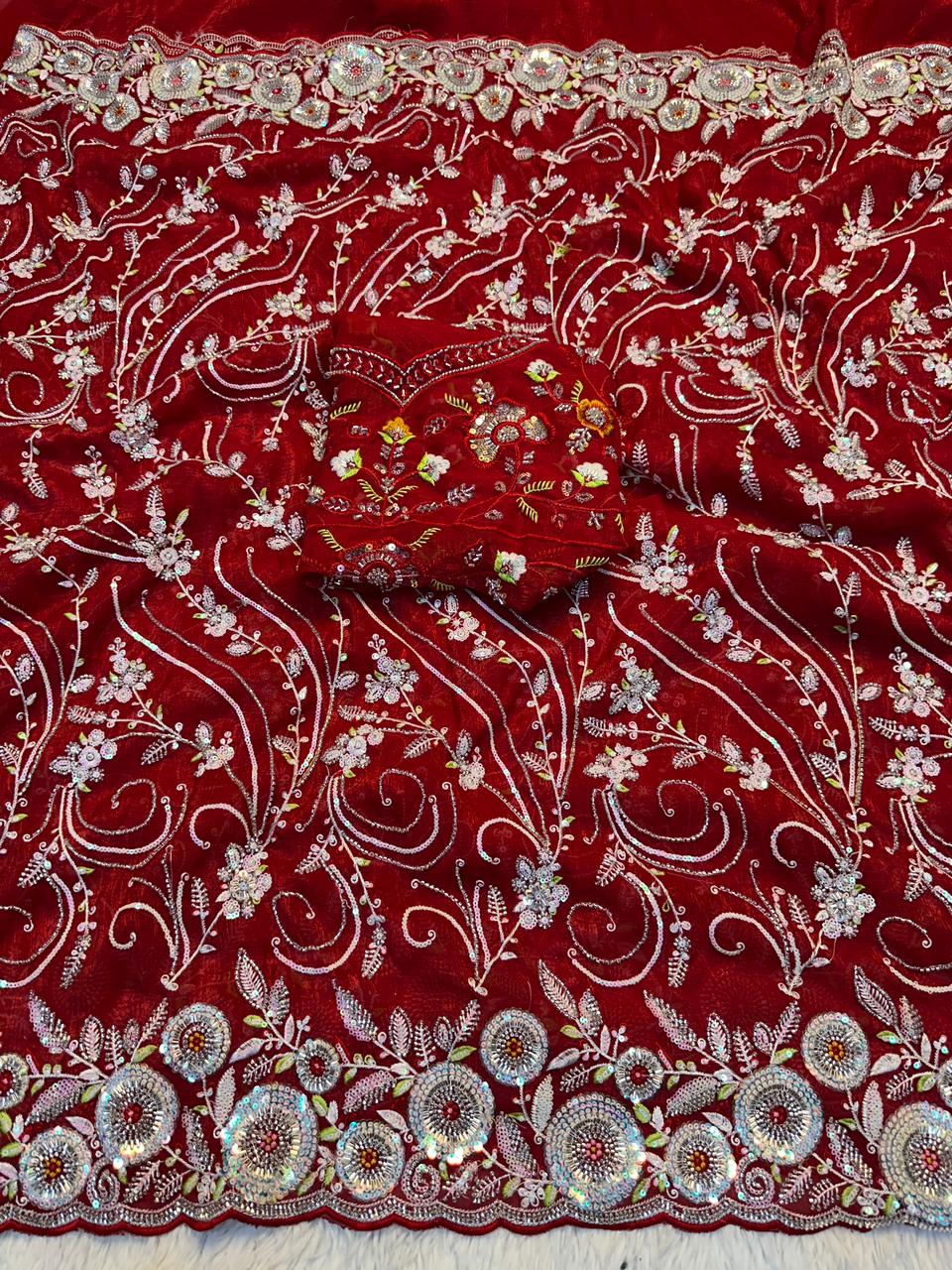 Designer Crushy Saree with Heavy Embroidered Blouse & Scalloped Borders