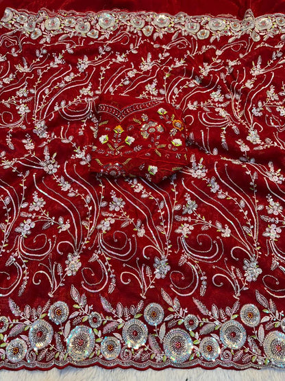 Designer Crushy Saree with Heavy Embroidered Blouse & Scalloped Borders