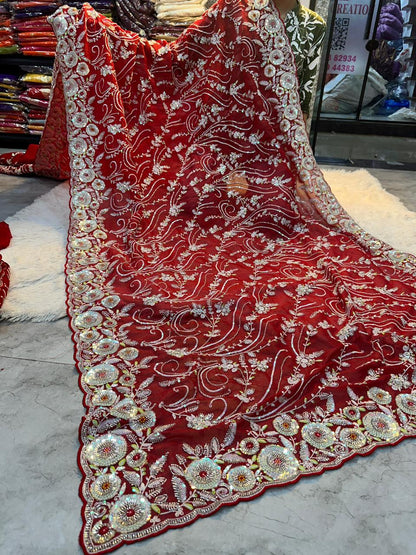 Designer Crushy Saree with Heavy Embroidered Blouse & Scalloped Borders