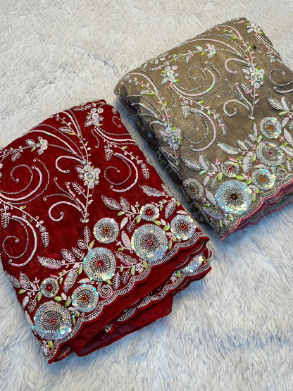 Designer Crushy Saree with Heavy Embroidered Blouse & Scalloped Borders