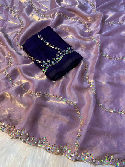Premium Fandy Satin Silk Saree with Fancy Beads Handwork