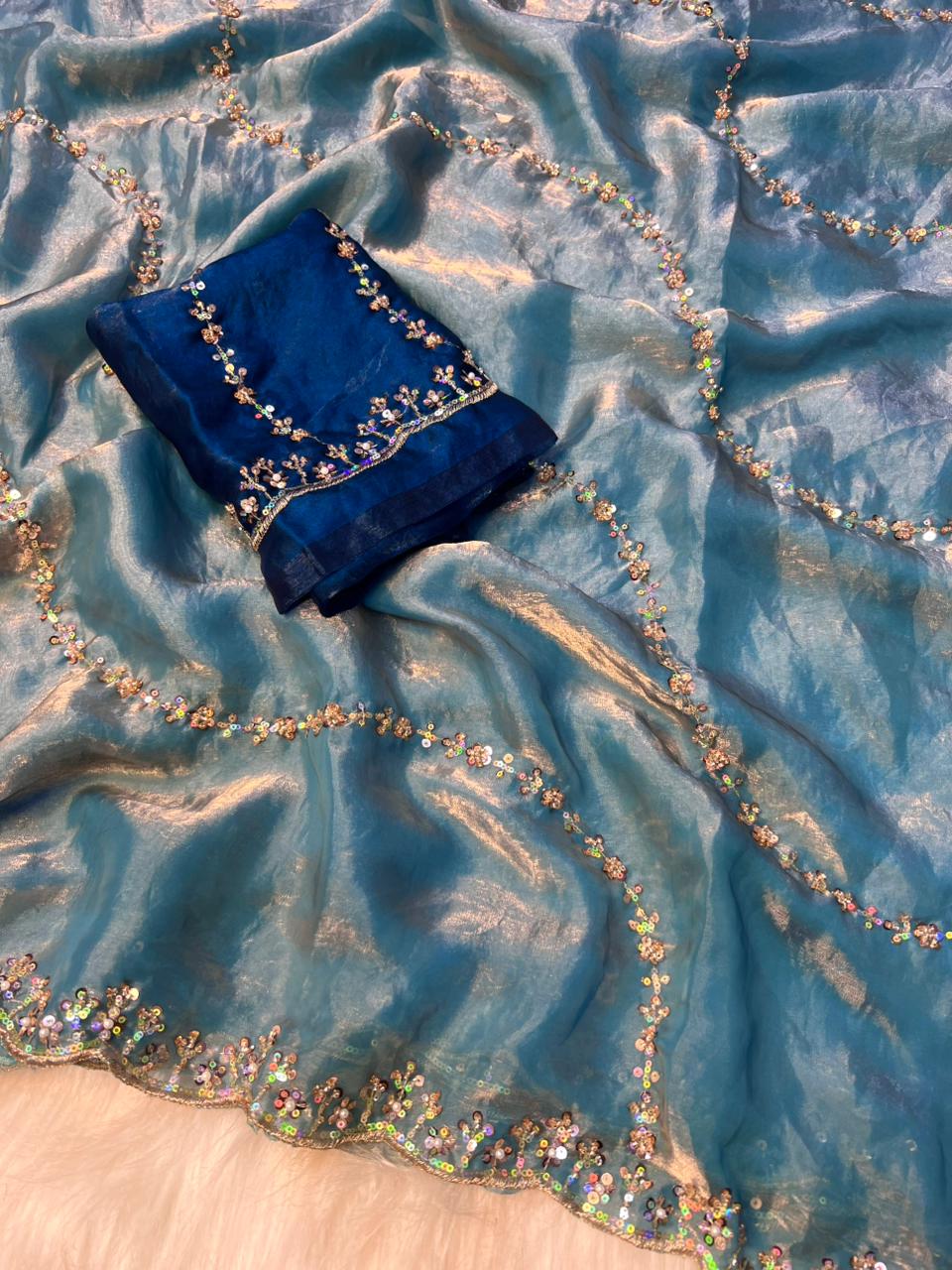 Premium Fandy Satin Silk Saree with Fancy Beads Handwork