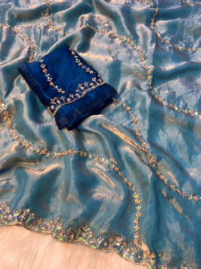 Premium Fandy Satin Silk Saree with Fancy Beads Handwork