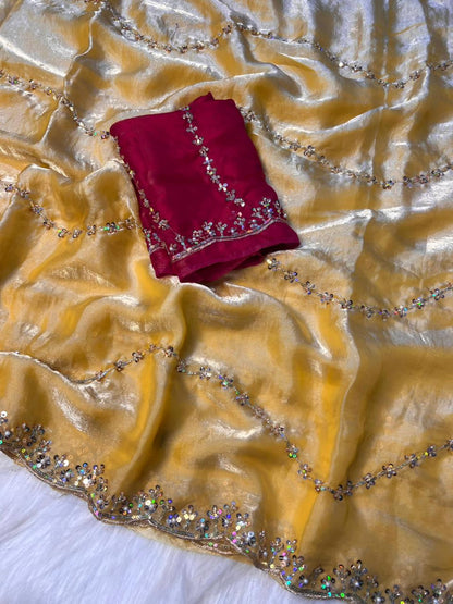 Premium Fandy Satin Silk Saree with Fancy Beads Handwork