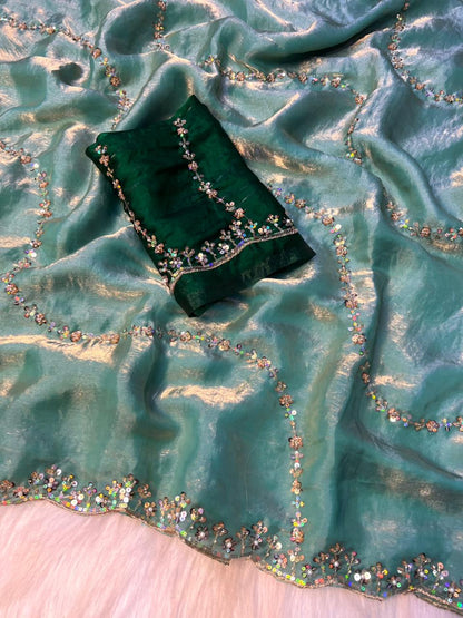 Premium Fandy Satin Silk Saree with Fancy Beads Handwork