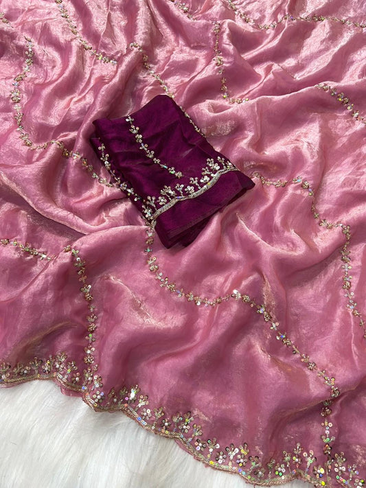 Premium Fandy Satin Silk Saree with Fancy Beads Handwork