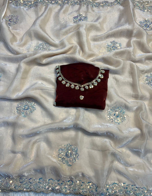 Premium Space Silk Sequins Saree with Designer Handwork Blouse