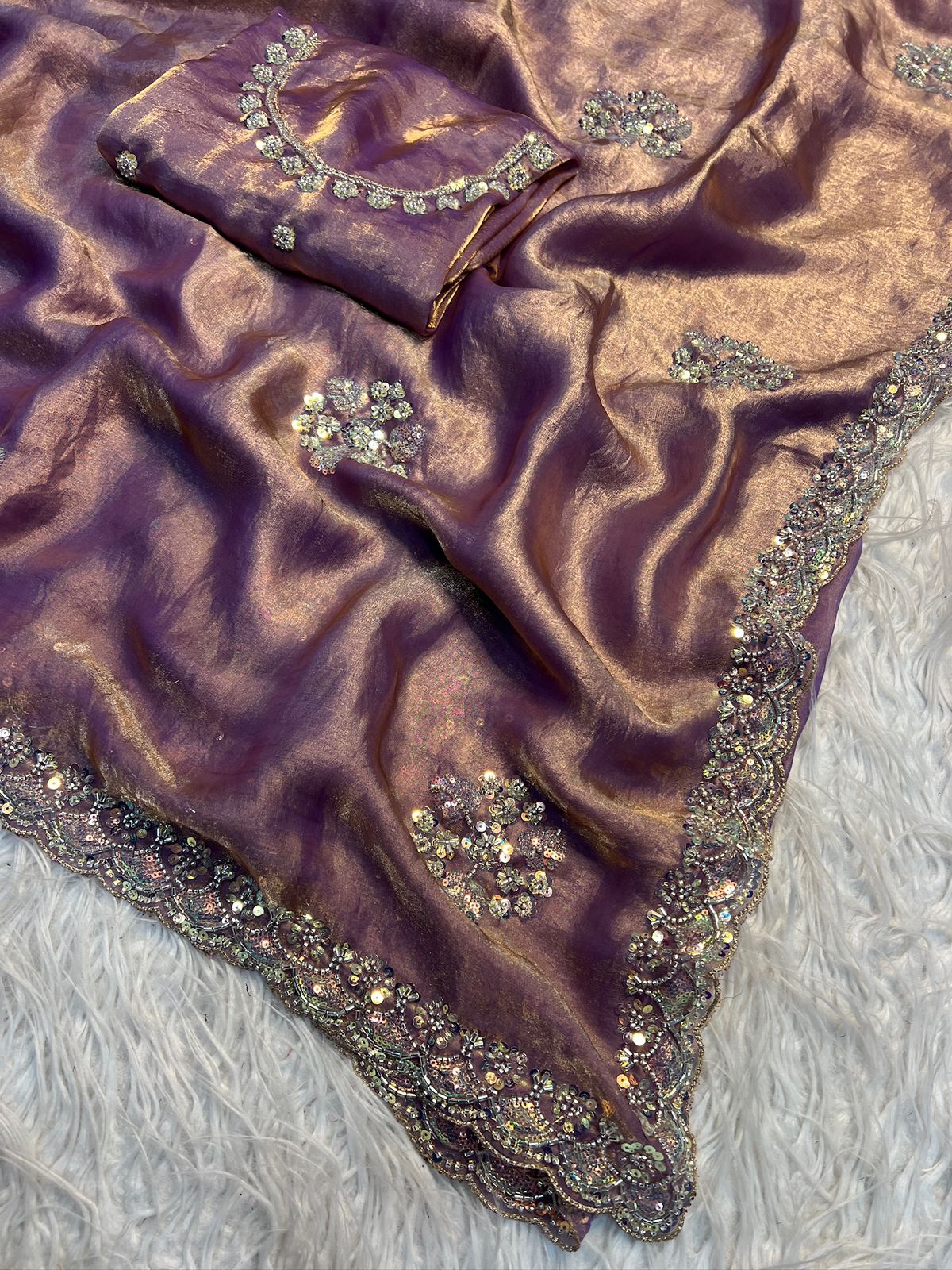 Premium Space Silk Sequins Saree with Designer Handwork Blouse