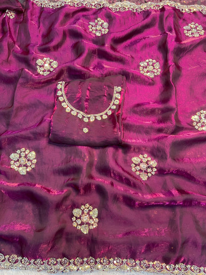 Premium Space Silk Sequins Saree with Designer Handwork Blouse
