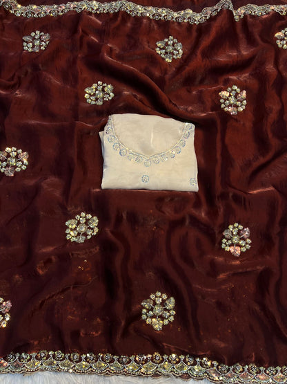 Premium Space Silk Sequins Saree with Designer Handwork Blouse