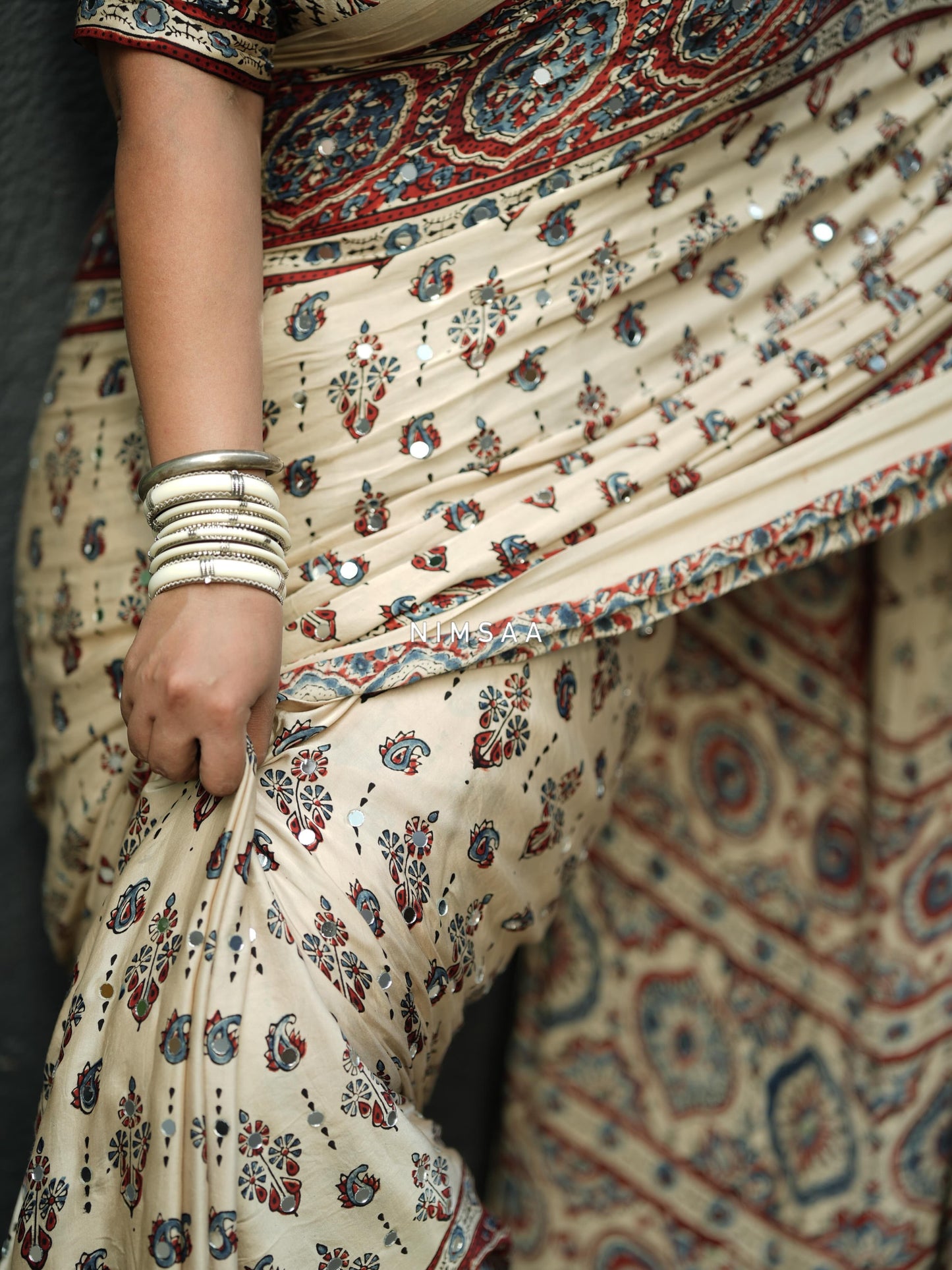 Handcrafted Ajrakh Print Saree for Women with Real Mirror Work