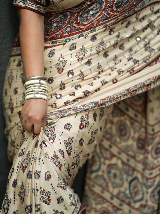 Handcrafted Ajrakh Print Saree for Women with Real Mirror Work