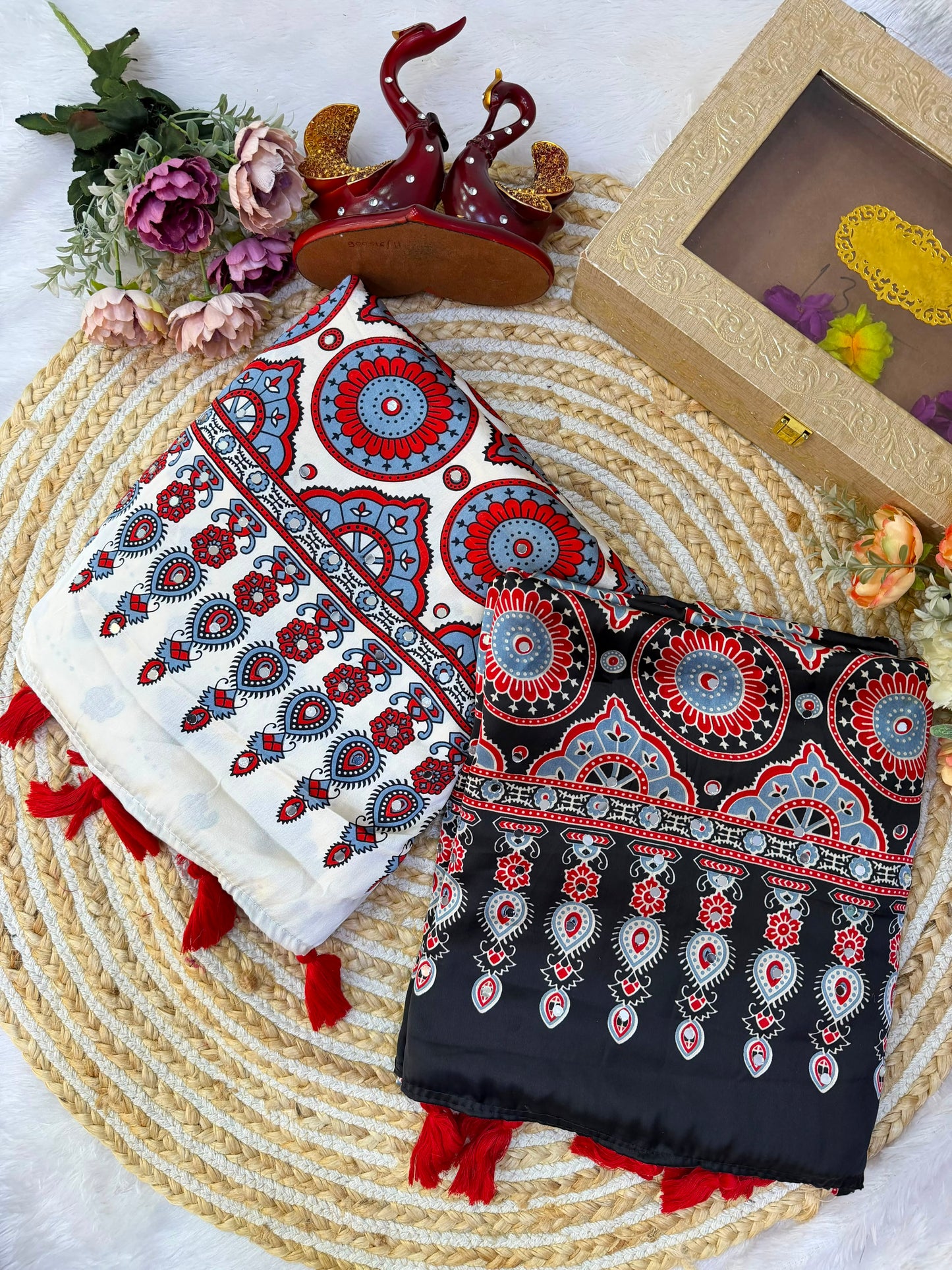 Handcrafted Ajrakh Print Saree for Women with Real Mirror Work