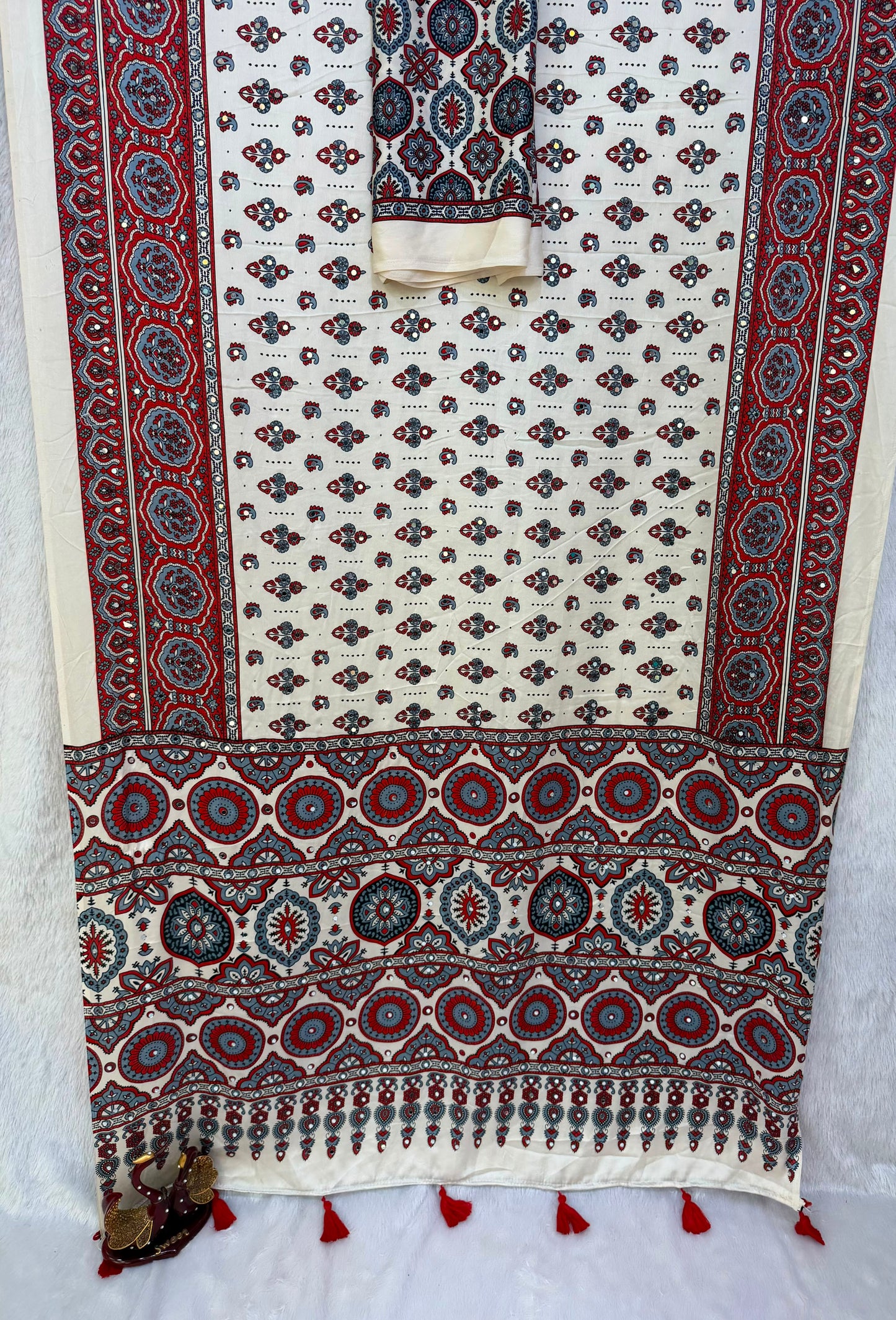 Handcrafted Ajrakh Print Saree for Women with Real Mirror Work