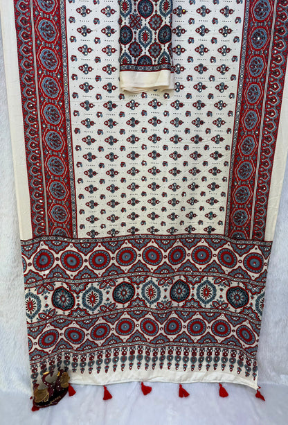 Handcrafted Ajrakh Print Saree for Women with Real Mirror Work