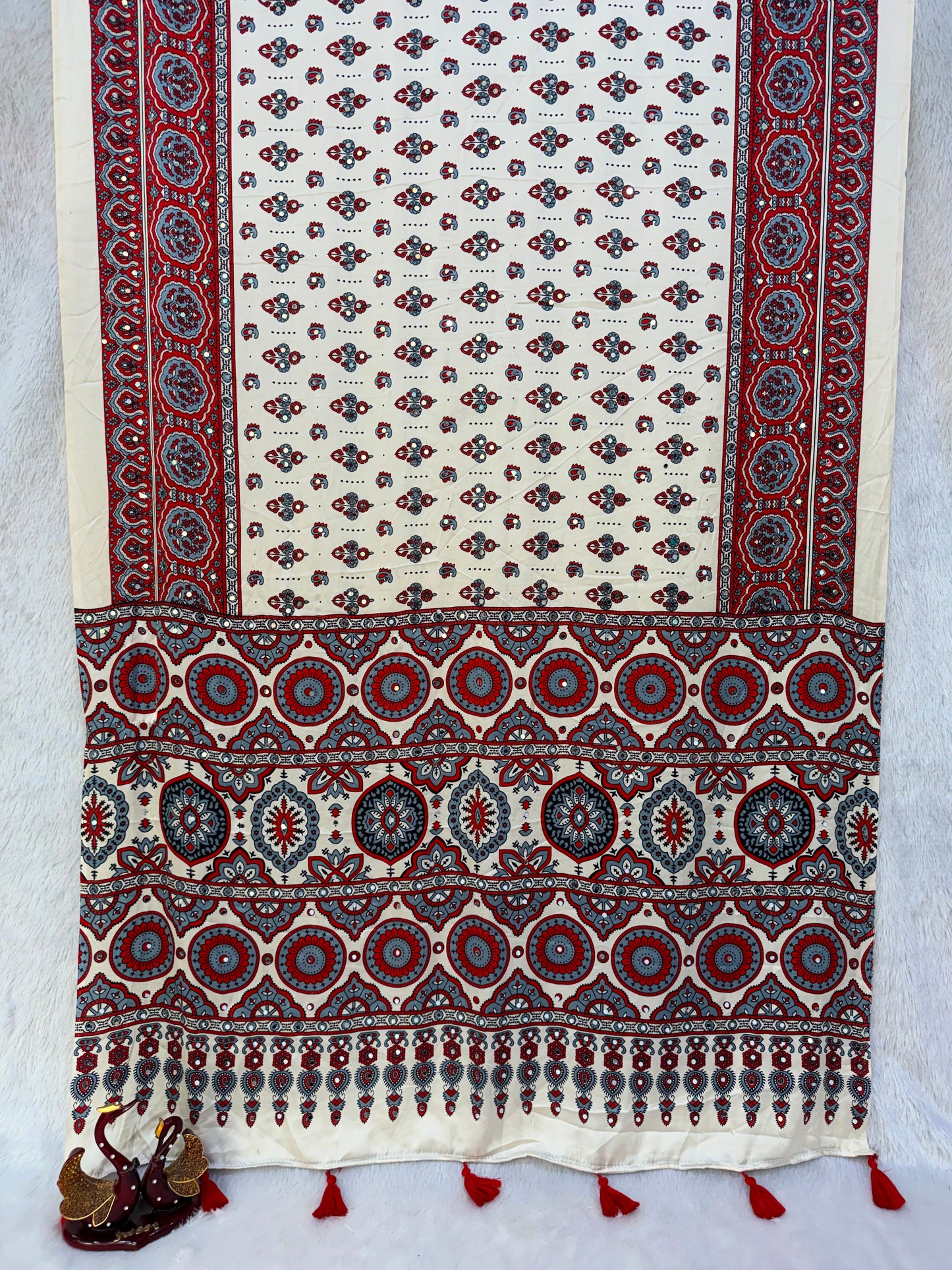 Handcrafted Ajrakh Print Saree for Women with Real Mirror Work