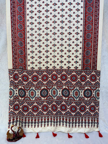 Handcrafted Ajrakh Print Saree for Women with Real Mirror Work