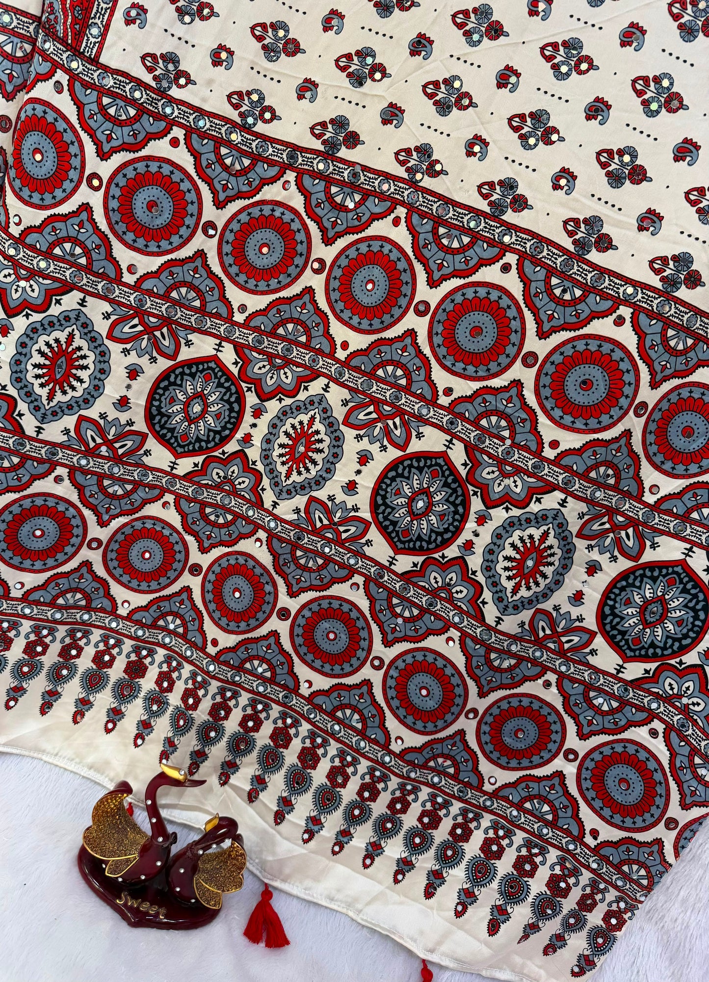 Handcrafted Ajrakh Print Saree for Women with Real Mirror Work