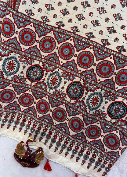 Handcrafted Ajrakh Print Saree for Women with Real Mirror Work