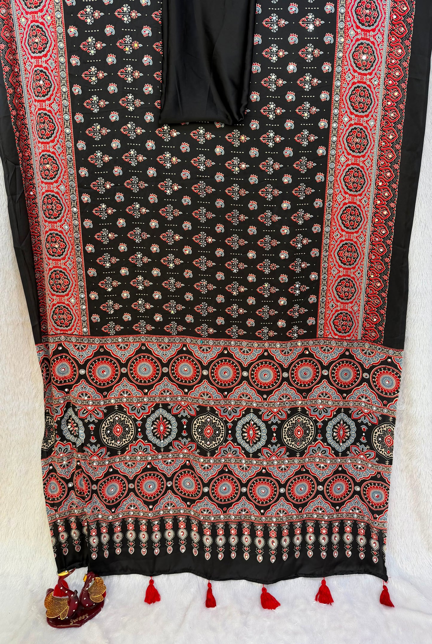 Handcrafted Ajrakh Print Saree for Women with Real Mirror Work