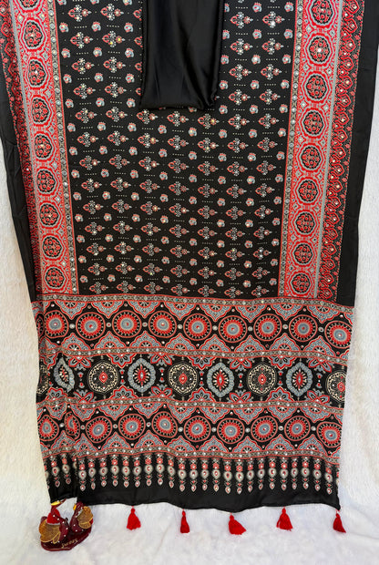 Handcrafted Ajrakh Print Saree for Women with Real Mirror Work