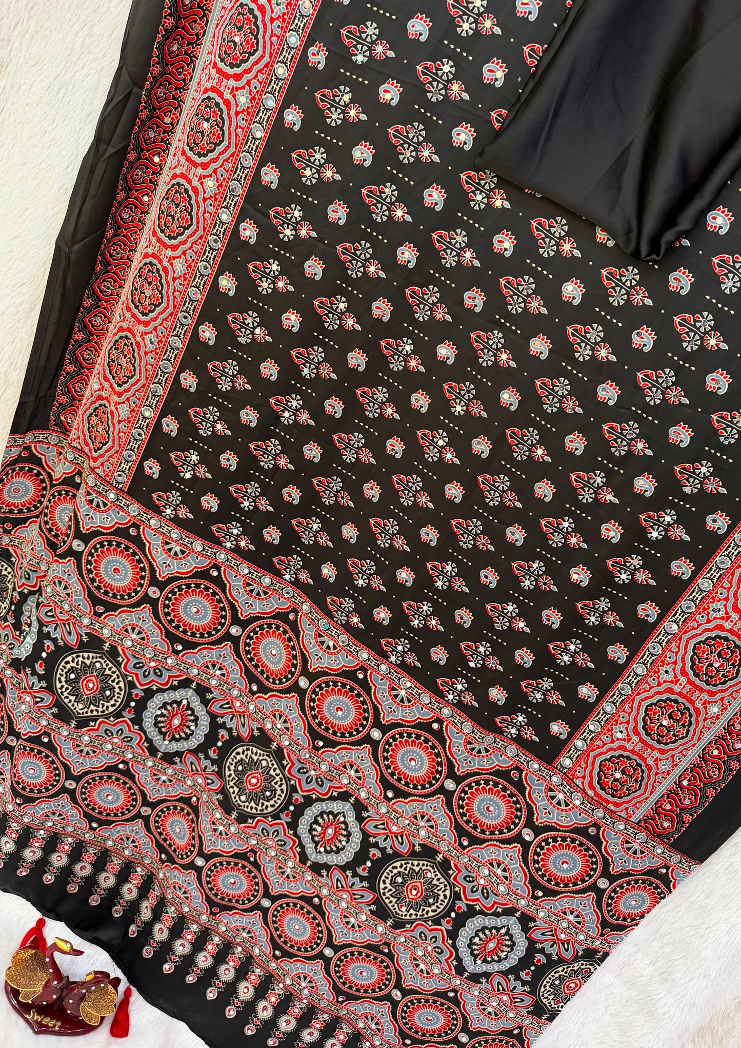 Handcrafted Ajrakh Print Saree for Women with Real Mirror Work