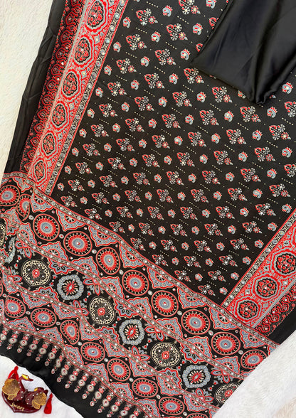 Handcrafted Ajrakh Print Saree for Women with Real Mirror Work