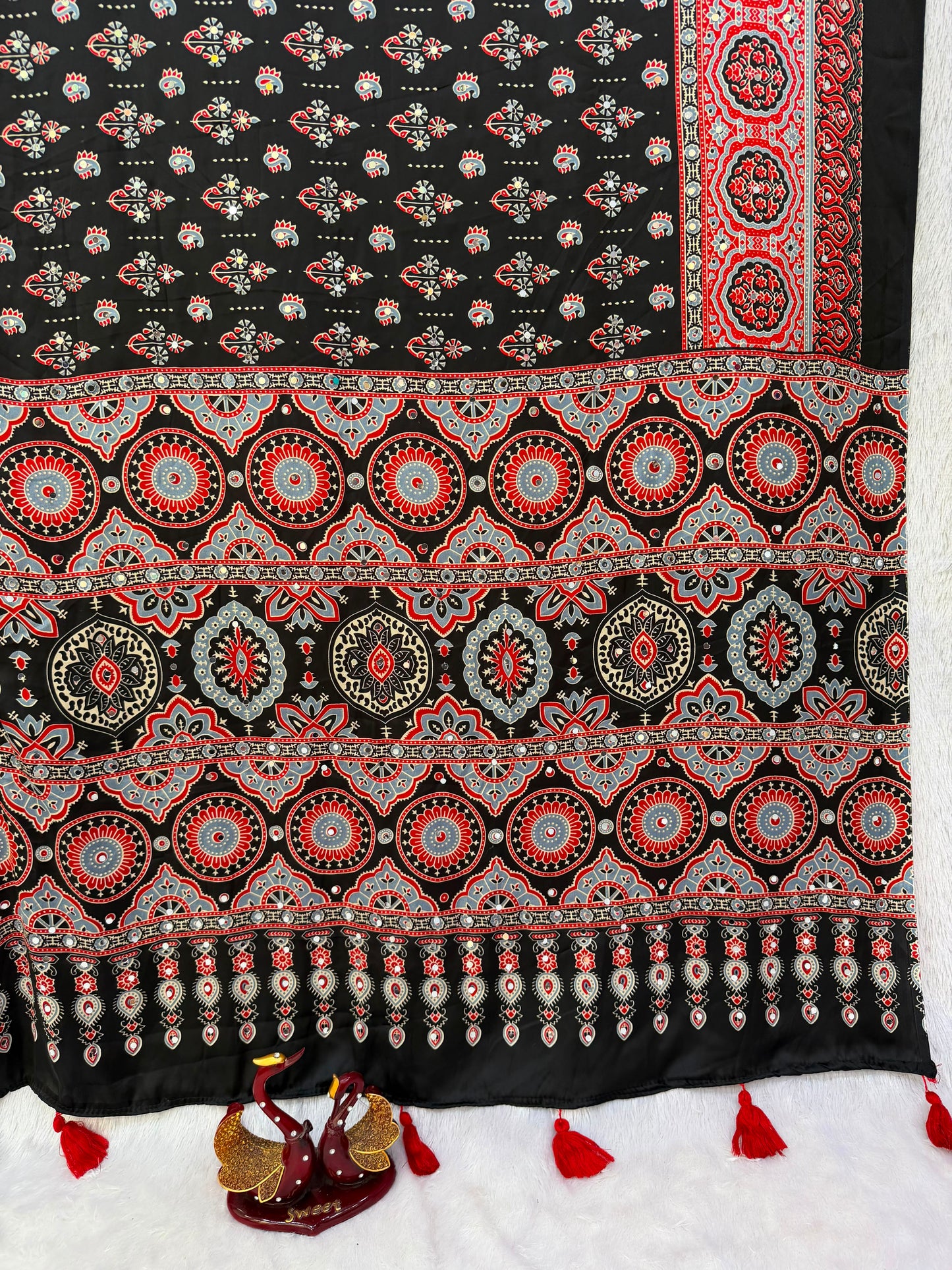 Handcrafted Ajrakh Print Saree for Women with Real Mirror Work