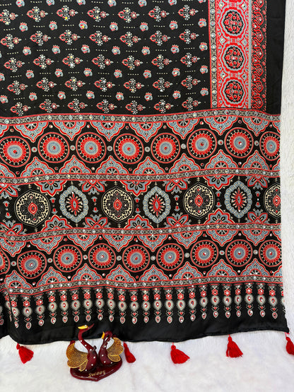 Handcrafted Ajrakh Print Saree for Women with Real Mirror Work