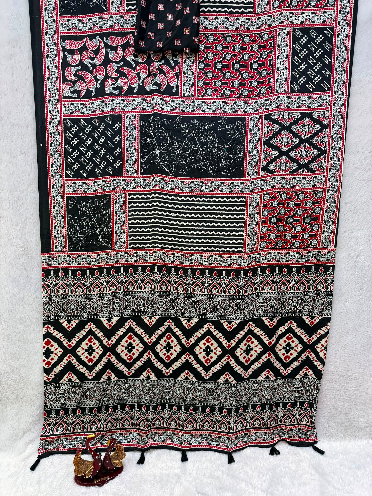 Designer Satin Crepe Saree with Authentic Ajrakh Print & Latkan