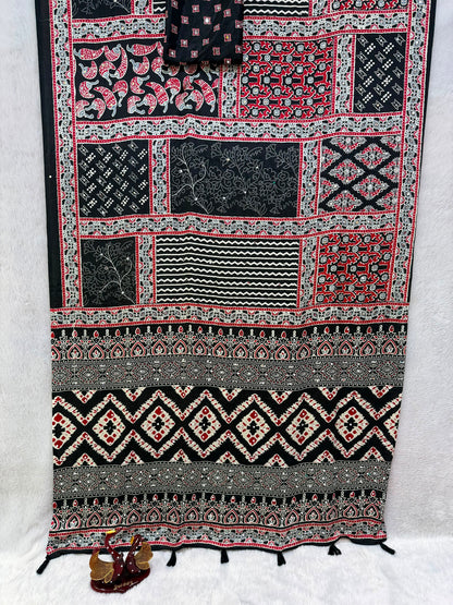 Designer Satin Crepe Saree with Authentic Ajrakh Print & Latkan
