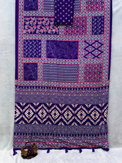 Designer Satin Crepe Saree with Authentic Ajrakh Print & Latkan