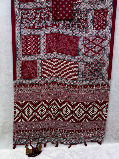 Designer Satin Crepe Saree with Authentic Ajrakh Print & Latkan