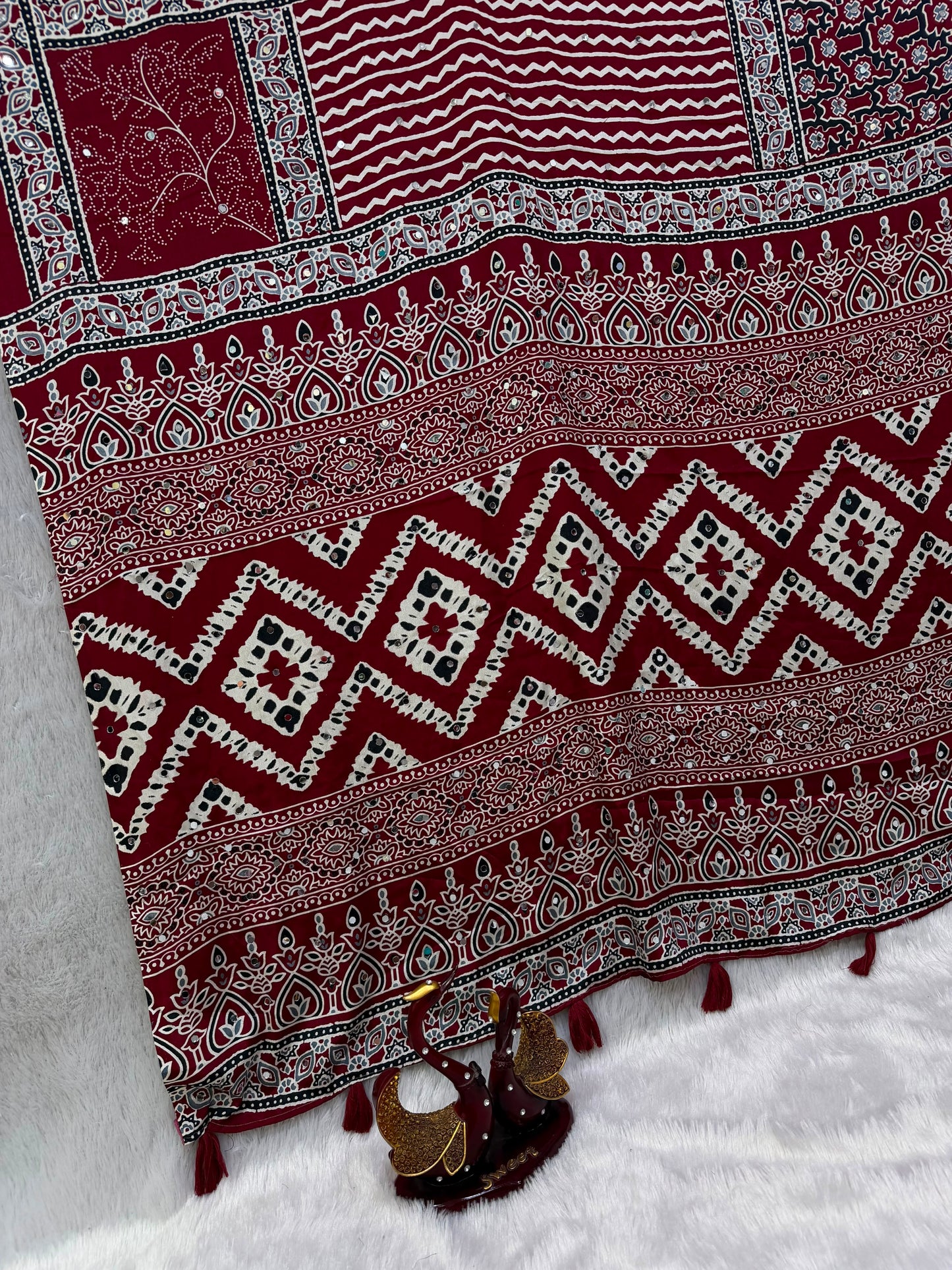 Designer Satin Crepe Saree with Authentic Ajrakh Print & Latkan
