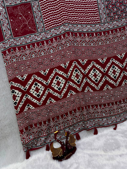 Designer Satin Crepe Saree with Authentic Ajrakh Print & Latkan
