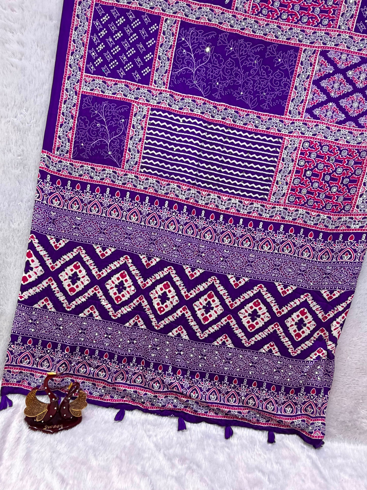 Designer Satin Crepe Saree with Authentic Ajrakh Print & Latkan