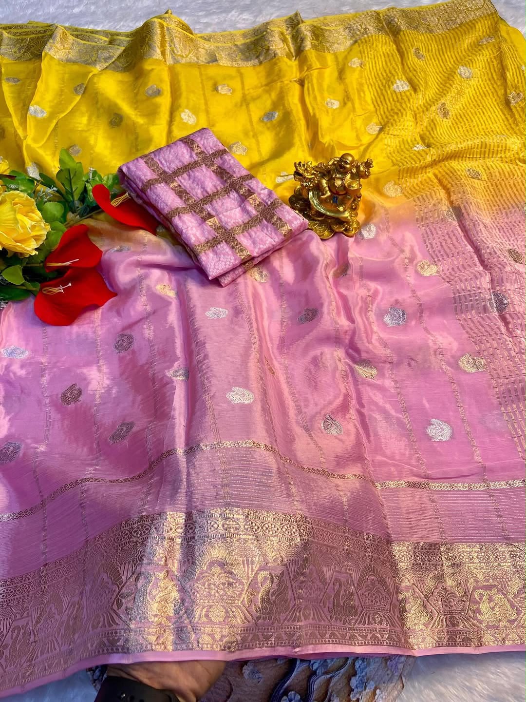 Premium Pure Chinon Saree with Matching Dyeing Chinon Blouse