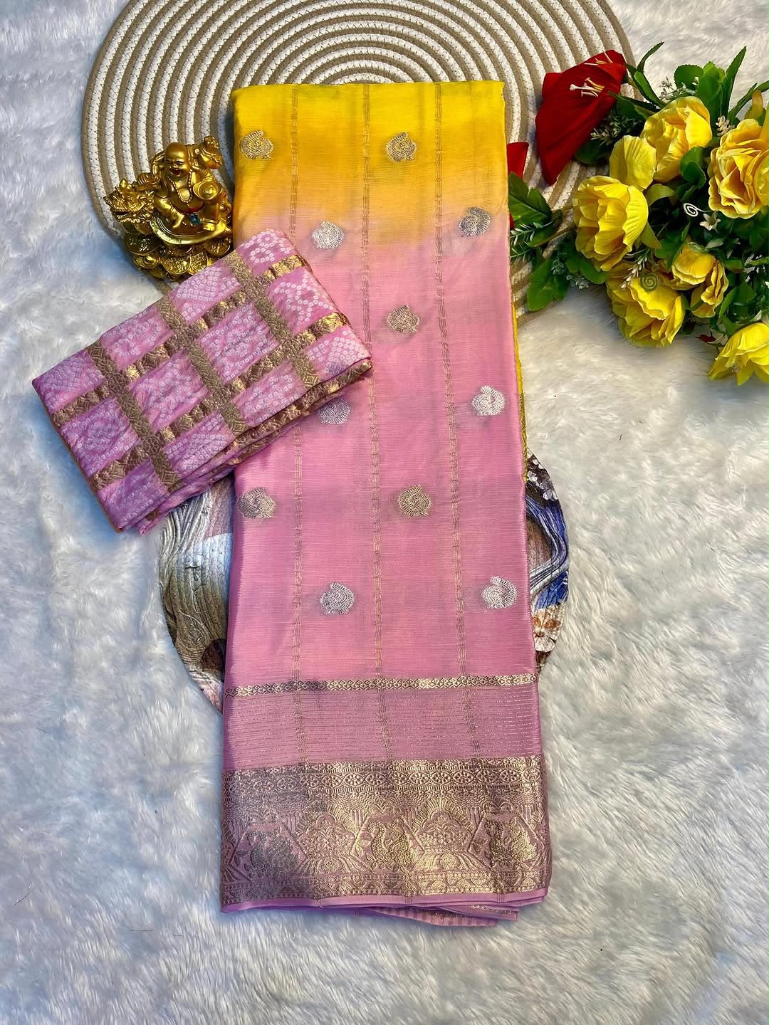 Premium Pure Chinon Saree with Matching Dyeing Chinon Blouse