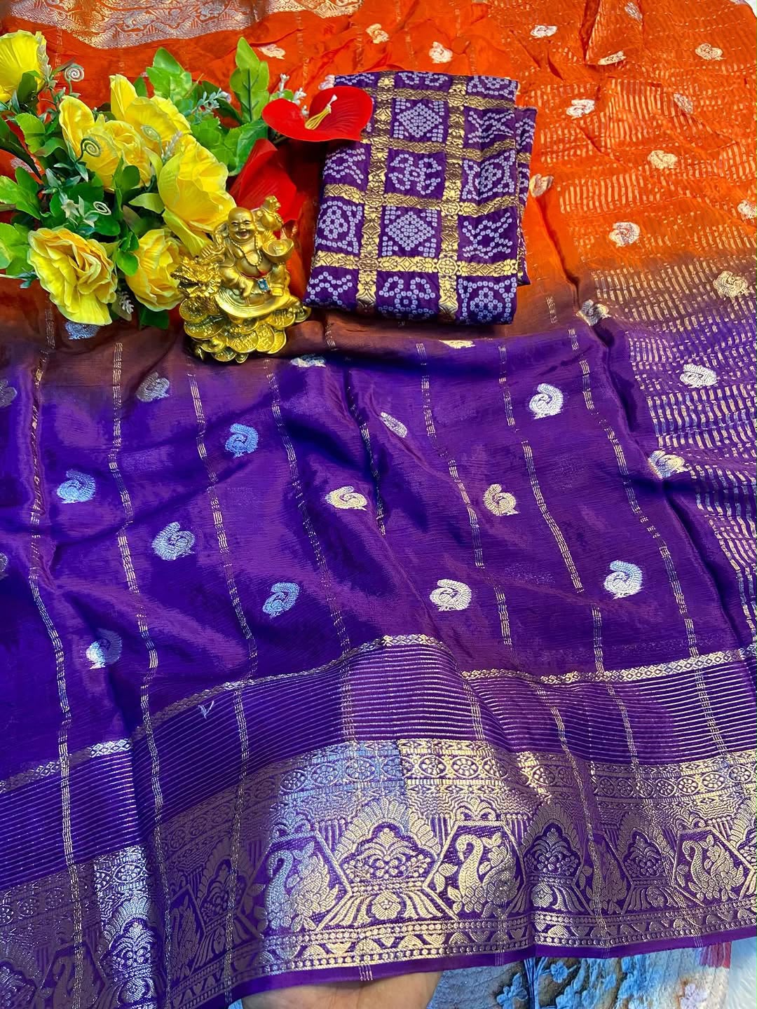 Premium Pure Chinon Saree with Matching Dyeing Chinon Blouse