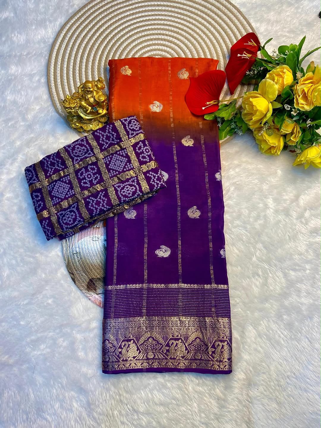 Premium Pure Chinon Saree with Matching Dyeing Chinon Blouse