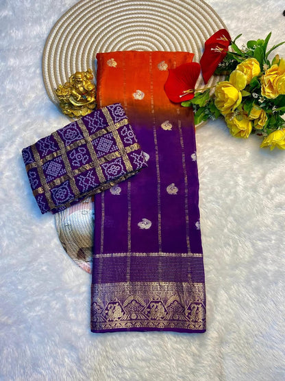 Premium Pure Chinon Saree with Matching Dyeing Chinon Blouse