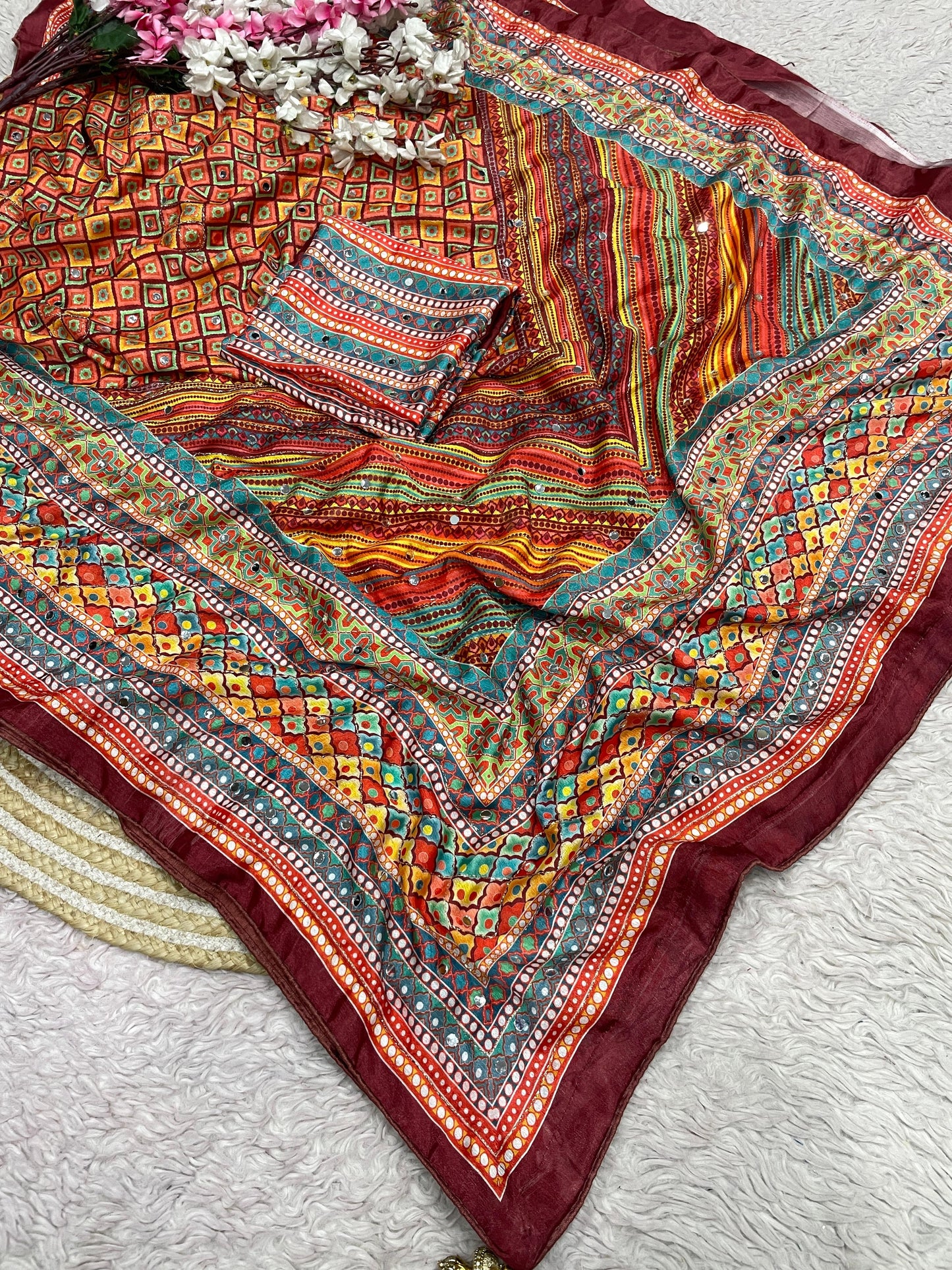 Premium Chinnon Digital Print Saree with Aari & Original Mirror Work