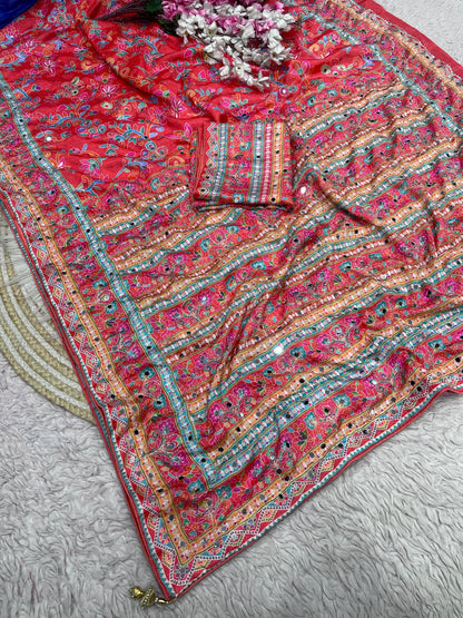 Premium Chinnon Digital Print Saree with Aari & Original Mirror Work