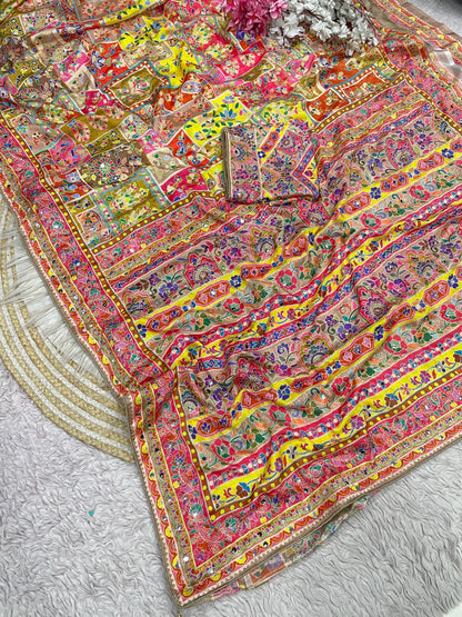 Premium Chinnon Digital Print Saree with Aari & Original Mirror Work